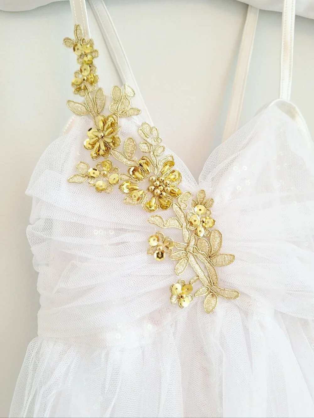 Weissman White & Gold Lyrical Dance Costume Romper Contemporary Competition CM